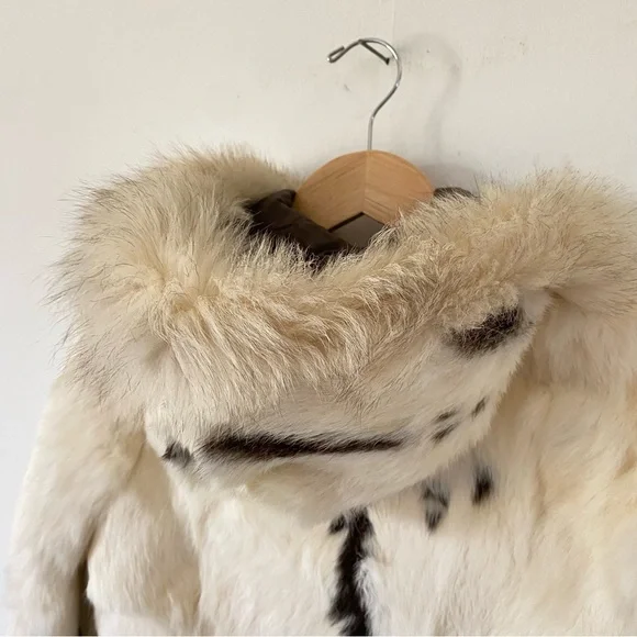 Vintage Rabbit Fur Coat Little Girls Kids Winter Hooded Jacket Cream 4 5 6